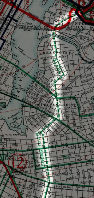 Maps showing proposed elevated crosstown route through Brooklyn using the Franklin Ave Line.  Selection from a map issued by the Chamber of Commerce of the Borough of Queens. 1915