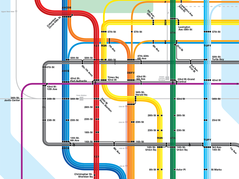 Subway diagram showing 10th Ave Subway, 7 Line to Hoboken, Bushwick Trunk Line, and Second Ave Subway systems.
