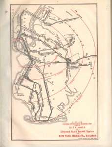 Map of planned but unbuilt BMT system with subway connections to the Brooklyn Bridge.