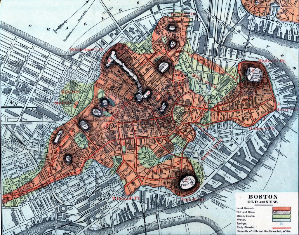 An 1894 map of downtown Boston showing the original shoreline with land that has been added.