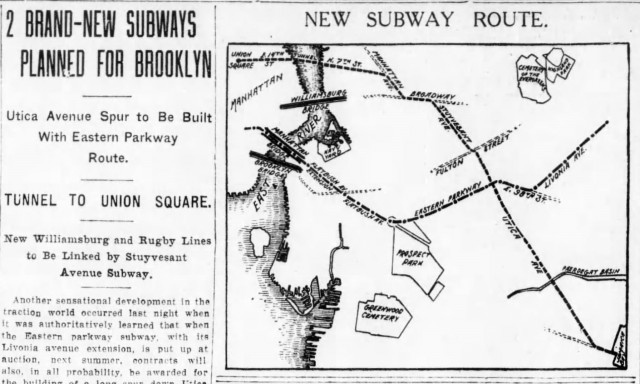 "2 Brand-New Subways Planned for Brooklyn" Showing routes of the build Eastern Parkway Line and the unbuilt Utica Ave line.