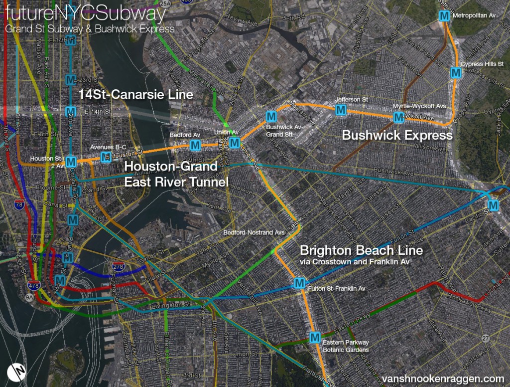 Grand St Subway with Bushwick Express and Brighton Beach via Crosstown and Franklin Av Lines