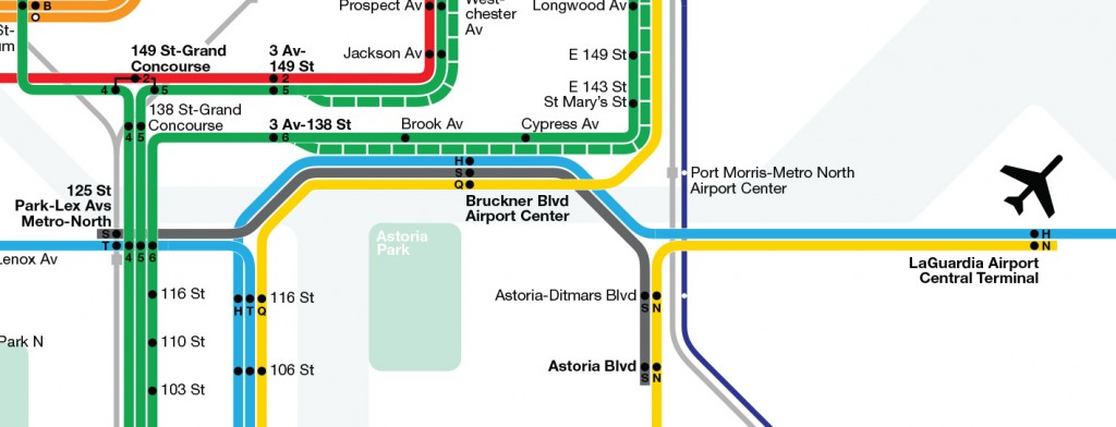 Close up map showing subway routes between Harlem and LaGuardia Airport via South Bronx Airport Center.