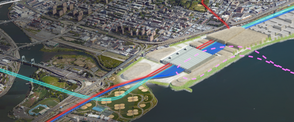 ReThinkNYC proposal for a Port Morris-LaGuardia terminal.  futureNYCSubway proposal would use the vacant land to the west instead.