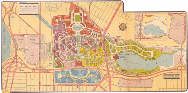 Map showing the World's Fair of 1939.  The IND shuttle comes in from the right and terminates south of Horace Harding Blvd.