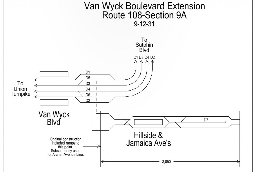 Track map showing the proposed Van Wyck subway which was eventually incorporated into the Archer Ave subway. Source: Jeffrey Erlitz/Electric Railroaders Association