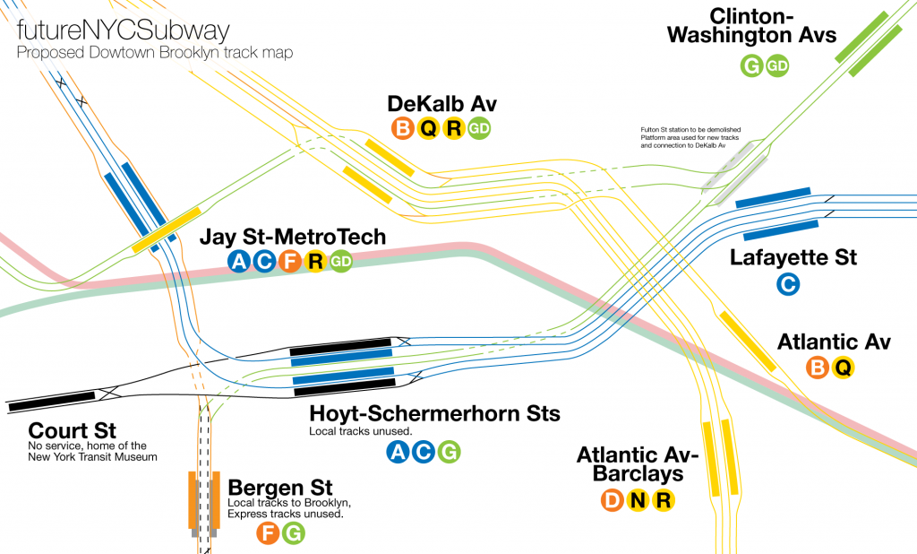 Proposed new track map of downtown Brooklyn showing DeKalb-Crosstown Line connection.