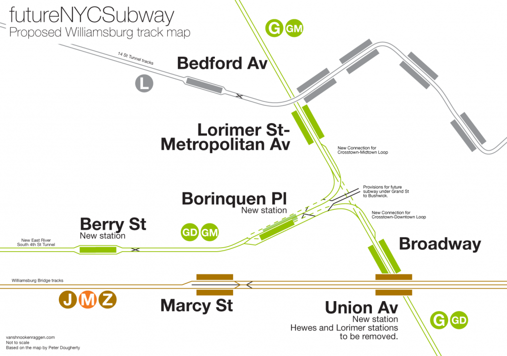Proposed track map showing how Crosstown Loop Lines would connect with the existing Crosstown Line in Williamsburg.