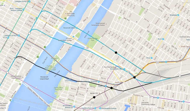 Detail map of Long Island City showing potential new tunnel locations at 57th St or 48th St in Manhattan.
