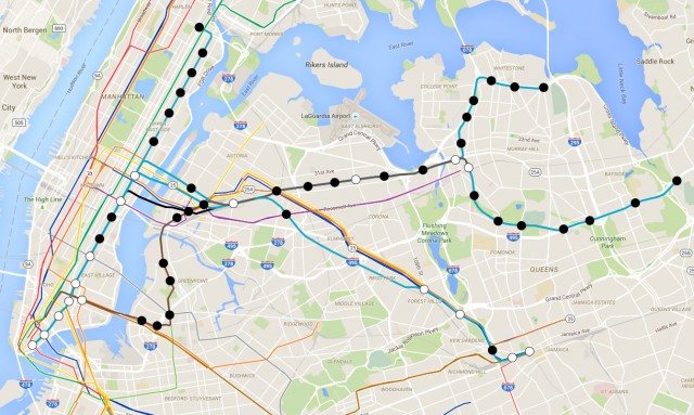 Map showing proposed 2nd Ave Subway, Northern Blvd Subway, Superexpress Subway and Centre St Subway via Crosstown Line.