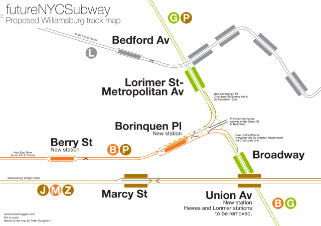 Proposed track map for Williamsburg with new South 4th St Subway and Crosstown Line connections.