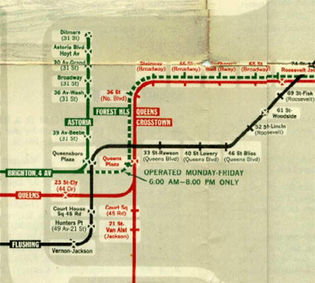 Detail of 1959 system map showing the new connection between the BMT Broadway-60th St tunnel and the IND Queens Blvd Subway.