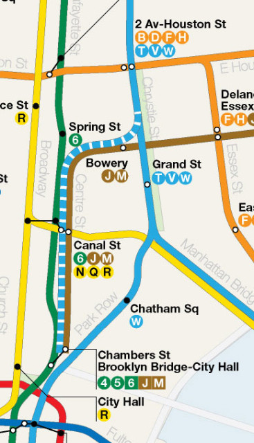 Map detail showing 2nd Ave Subway Phase 4 via Park Row and Nassau St or via Centre St (dashed).
