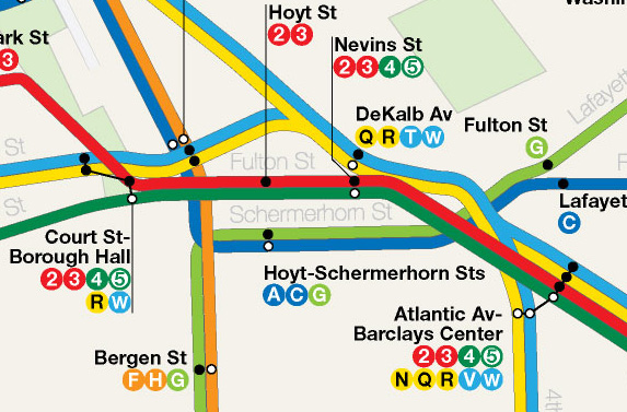 Map detail showing 2nd Ave-Broadway train pairing through DeKalb station.  Train pairing allows for maximum rerouteing flexibility.