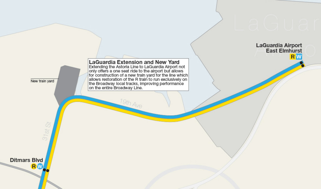 Map detail showing Astoria Line extension to LaGuardia Airport with new train yard allowing R trains to run exclusively on the Broadway local tracks.