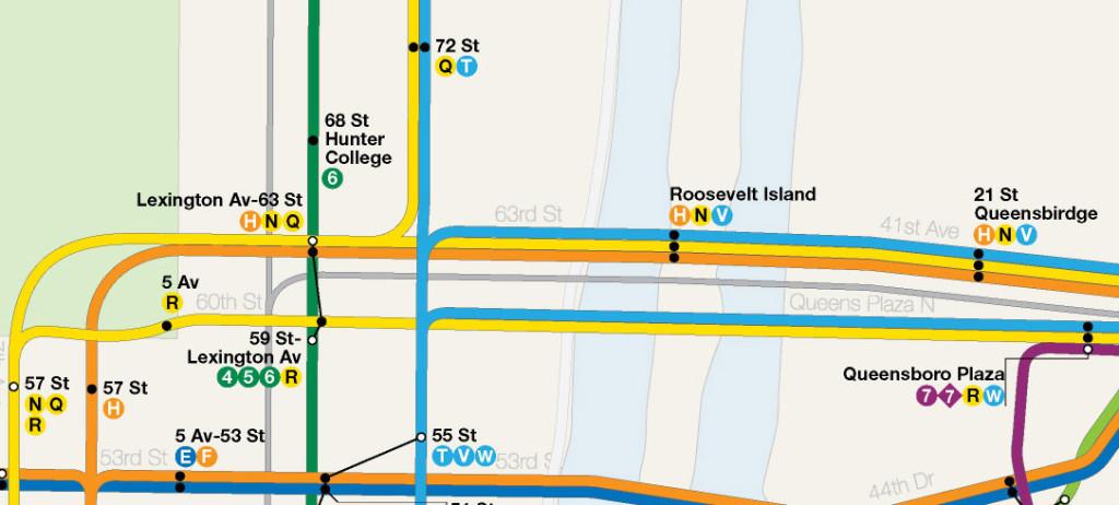 Map detail showing 2nd Ave-Broadway Line train pairing in midtown offering Queens riders east or west side trains from a single station.