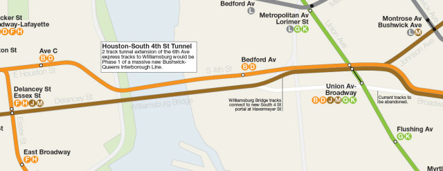 Map detail of Bushwick-Queens Trunk Line Phase 1: New East River tunnel and South 4th St Subway.