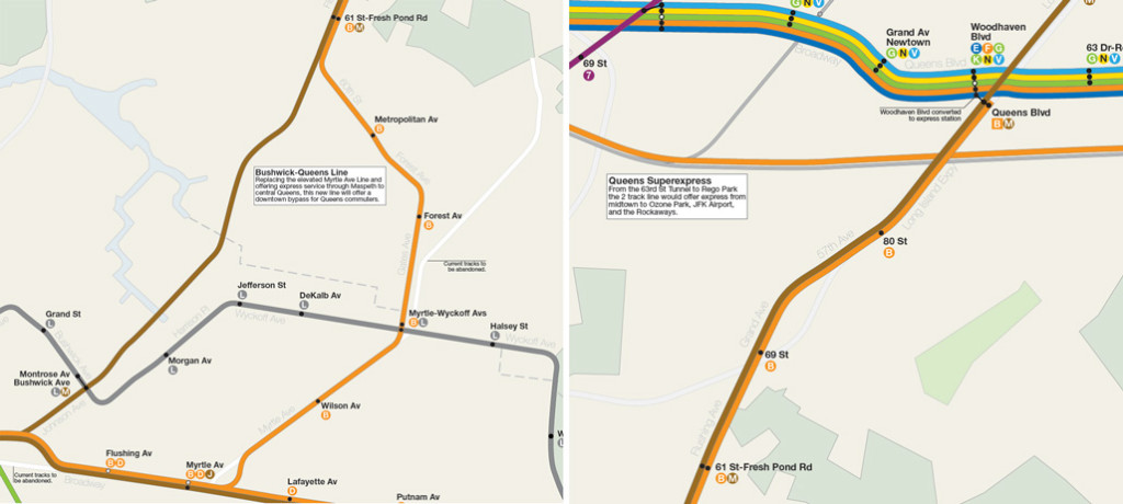 Map detail of Bushwick-Queens Trunk Line Phase 2:  Express and Local trains connecting Bushwick to Woodhaven Blvd-Queens Center.