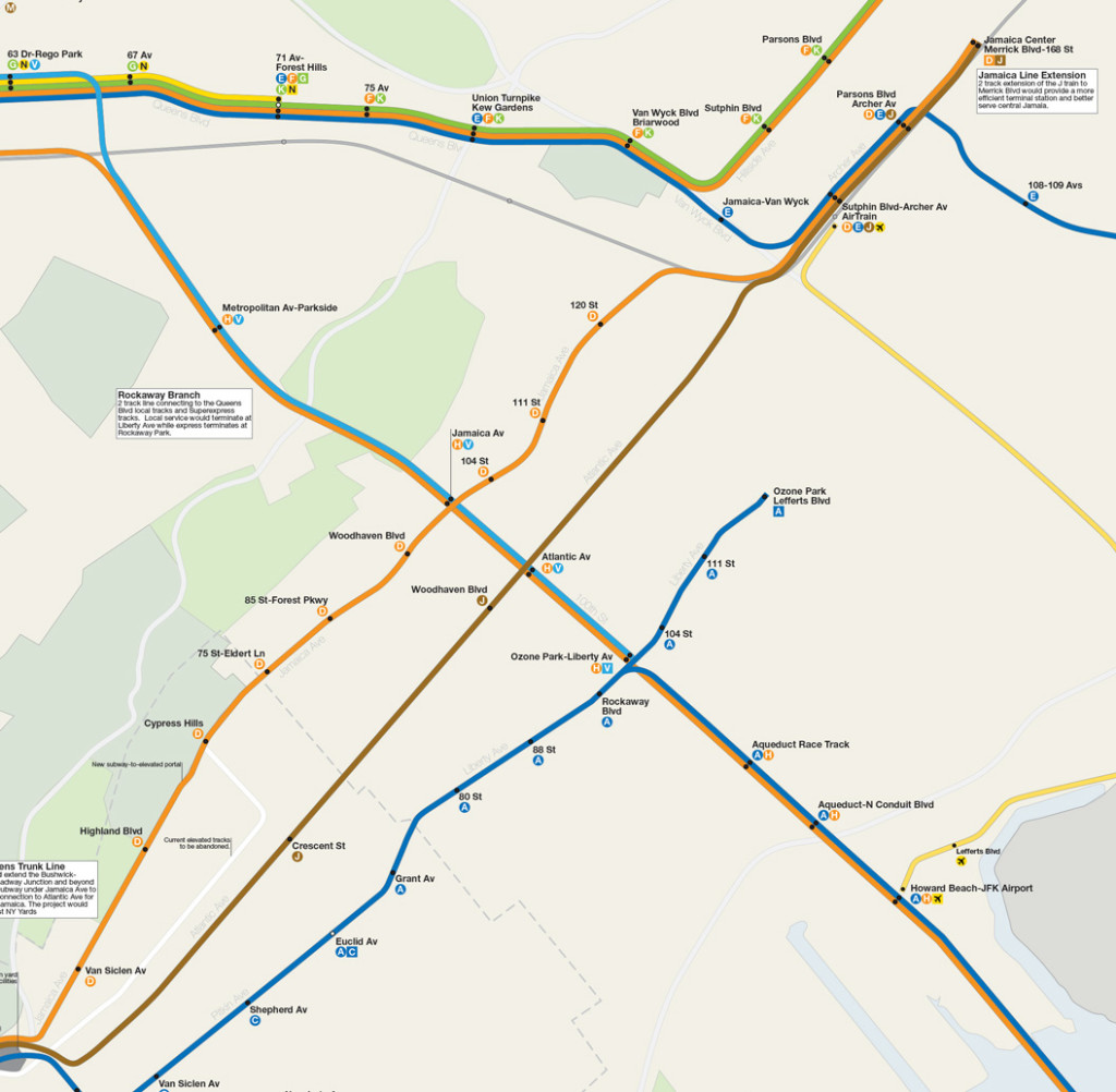 Map detail of Bushwick-Queens Trunk Line Phase 5: 6th Ave trains along Jamaica Line and Centre St trains along Atlantic Ave express tracks to Merrick Blvd.