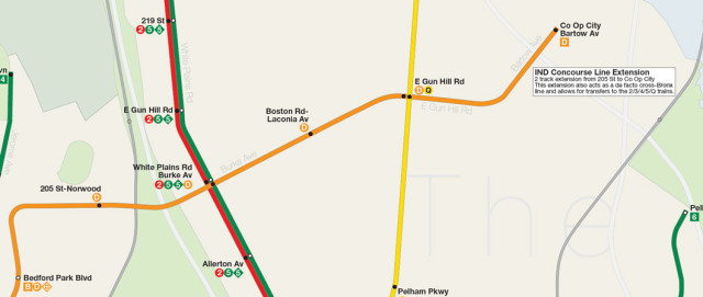 Map detail showing IND Concourse Line D train extension east to Co Op City.