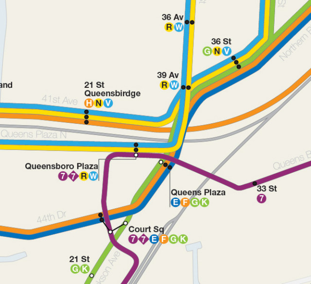 Map detail of Queens Plaza area showing additional Crosstown service via Franklin Ave running express to 179th St.