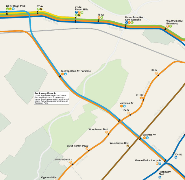 Map detail showing 2nd Ave-Queens Blvd-Rockaway Branch service and connection to Superexpress-Rockaway service.