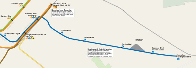 Map detail showing Laurelton E train extension and Archer Ave Subway extension to Merrick Blvd.