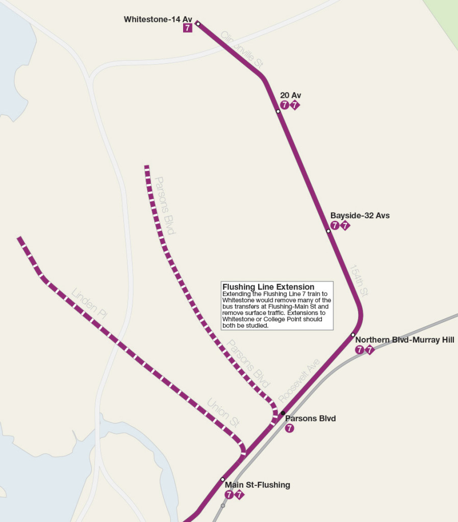 Map detail showing extension alternatives for the IRT Flushing Line to Whitestone or College Point.
