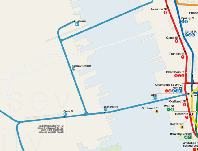 Map detail showing Staten Island PATH branch connecting to existing PATH network.