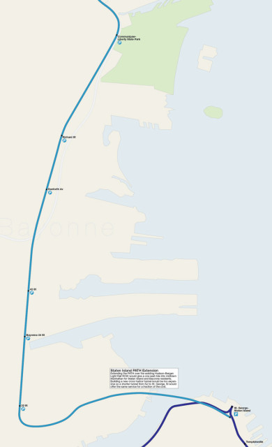 Map detail showing new Staten Island PATH branch running to Staten Island via the recaptured Hudson-Bergen Light Rail line.
