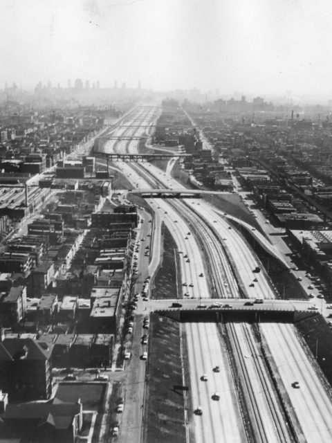 The new Congress Line in the median of the Congress Expressway, Chicago. 1958 Source: CERA