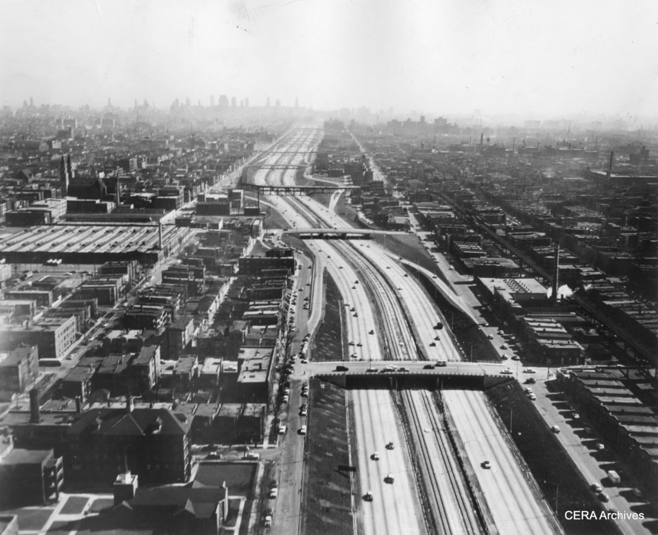 The new Congress Line in the median of the Congress Expressway, Chicago. 1958 Source: CERA