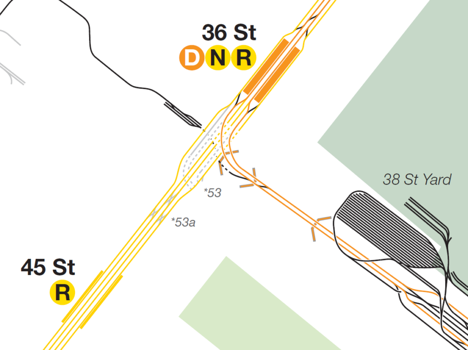 Cutout of the area around 36th St and 4th Ave in Brooklyn showing provisions for an unbuilt junction and set of switches. From the New York City Track Map.