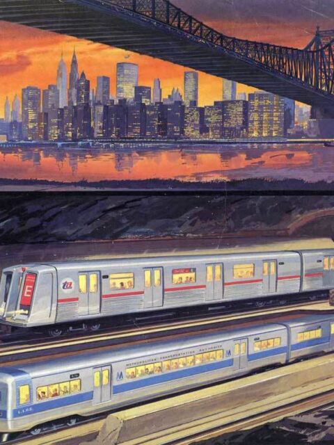 Painting of the 63rd St Tunnel with subway trains on the top level and LIRR trains on the bottom.