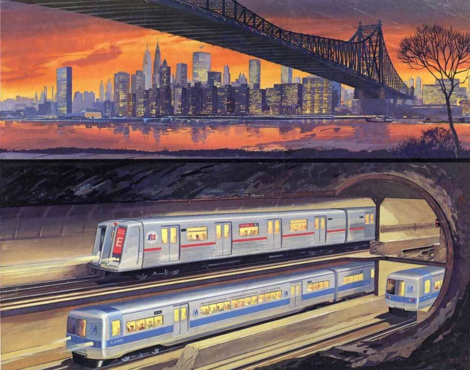 Painting of the 63rd St Tunnel with subway trains on the top level and LIRR trains on the bottom.