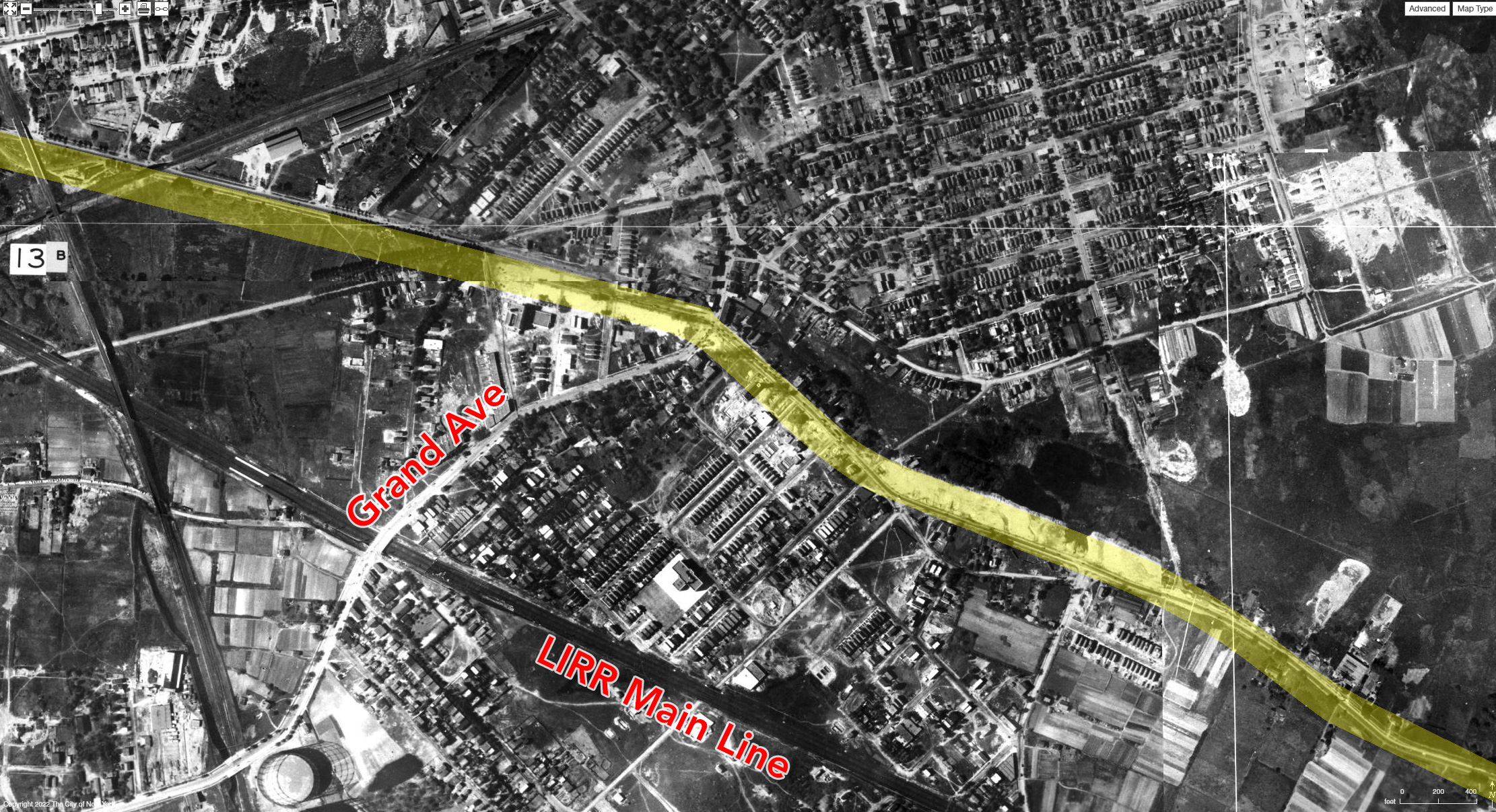 Route of Queens Blvd (yellow) in central Queens. 1924