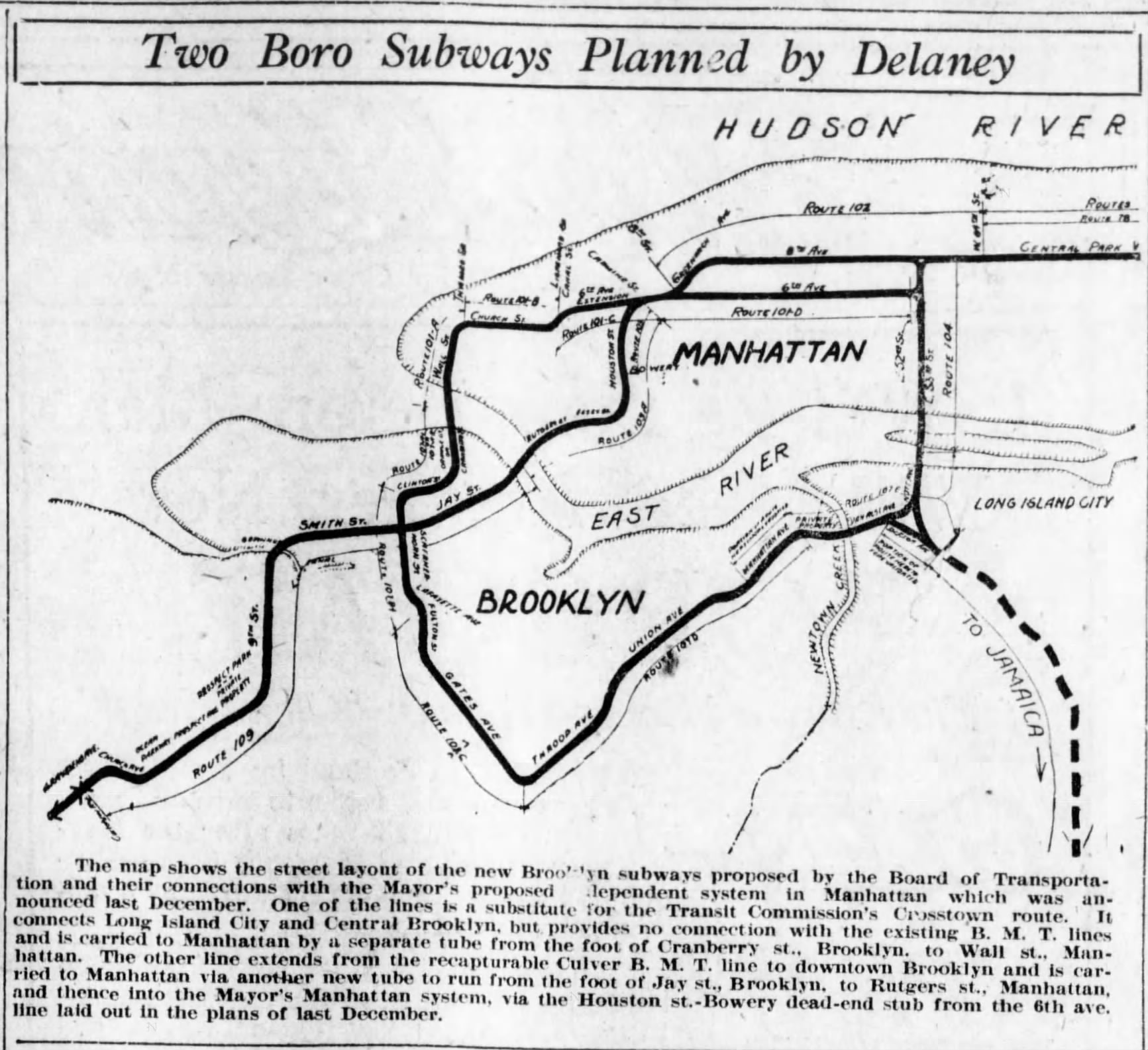 Map of the proposed Tri Boro Subway, IND. Brooklyn Daily Eagle March 20, 1925