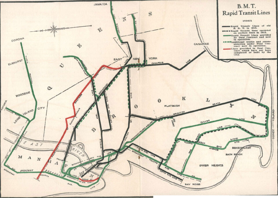 Map of the BMT system in 1924, showing how the elevated (black lines) and subway (green, red lines) networks were integrated.