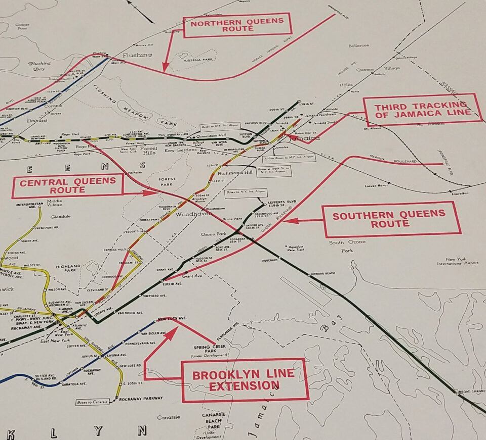 Undated map showing NYCTA subway expansion proposals, including adding a third-track express to the Jamaica Line. Source: NY Transit Museum.