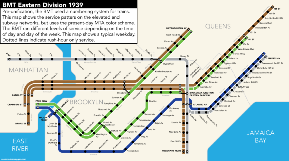 Map showing the BMT Eastern Division in 1939, showing historic service patters with modern color coded lines.