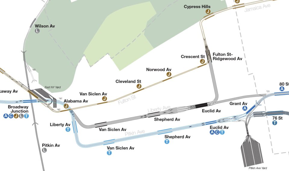 Track map of an early IND proposal to integrate the BMT Jamaica and Liberty Ave Els into one trunk line along Fulton St and Liberty Ave.