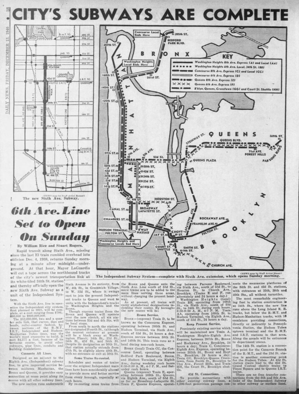 "6th Ave Line Set to Open on Sunday" NY Daily News, December 13th, 1940.