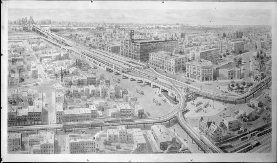 Bird's-eye rendering of the original Queensboro Plaza station. The track to the bottom-left is the proposed Crosstown Line. It was originally proposed as an elevated line, but opposed by Greenpoint residents. Source: NY Public Library