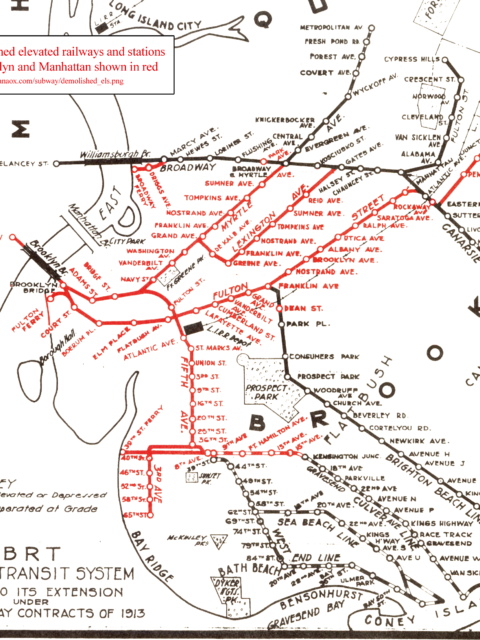 Map showing the former elevated rail network of the Brooklyn Rapid Transit Co. prior to the Dual Contracts. Lines in red were eventually demolished, while lines in black remain active today.
