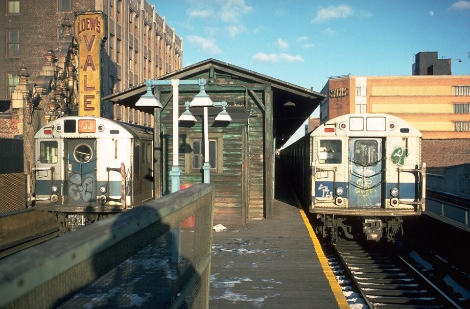 JJ trains at the 168th St terminal in Jamaica. 1977. Doug Grotjahn/Joe Testagrose via nycsubway.org