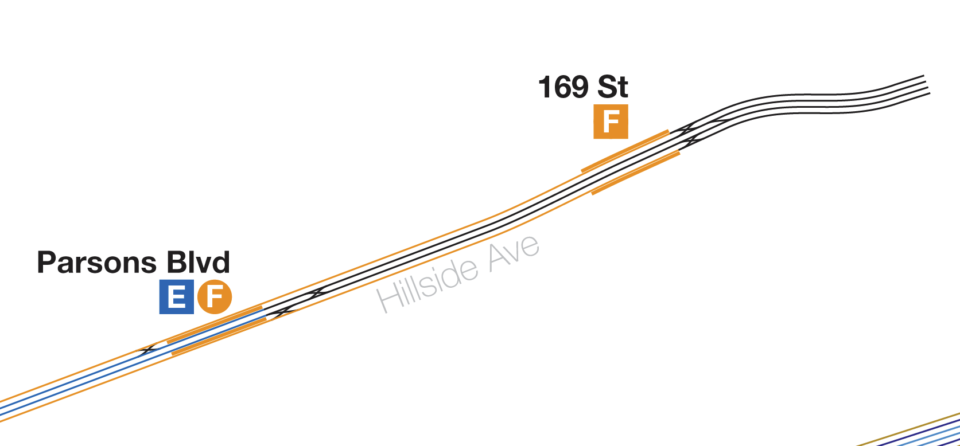 Track map of the original track configuration of the Hillside Ave Line.