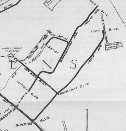 Close up of the 1929 IND Second System Map showing the Van Wyck Blvd Line, along with others.