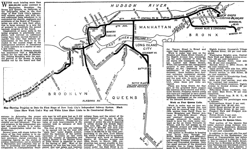 "Map showing progress to date on first stage of New York City's Independent Subway System." Source New York Times, 1929