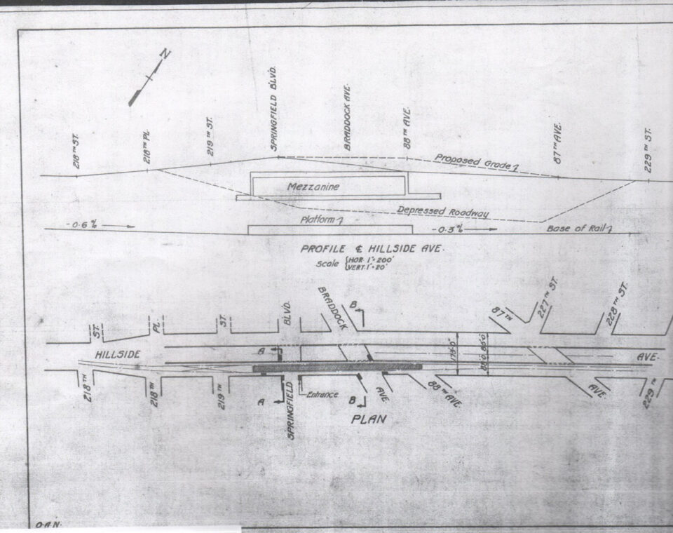 Route 108 Hillside Ave Extension. Springfield Blvd station. Also shown is the unbuilt Hillside Ave underpass.