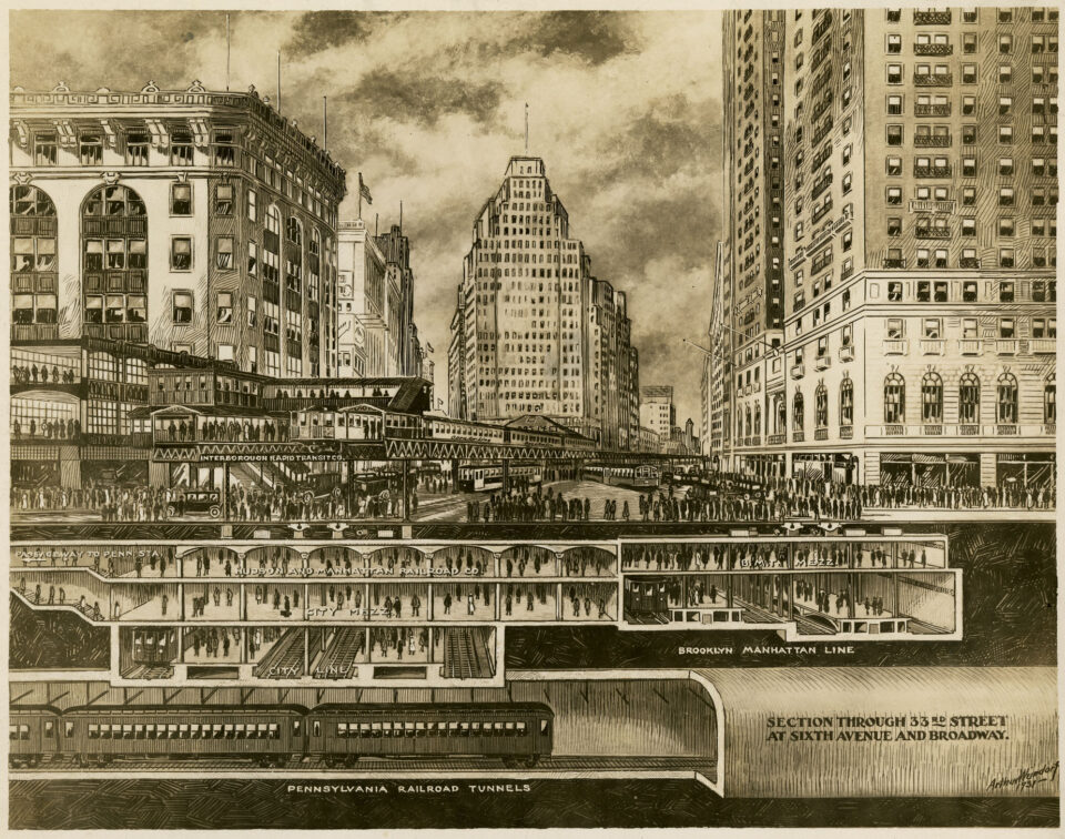 An engraving showing the complex levels of transportation at 34th St and 6th Ave. Source Library of Congress